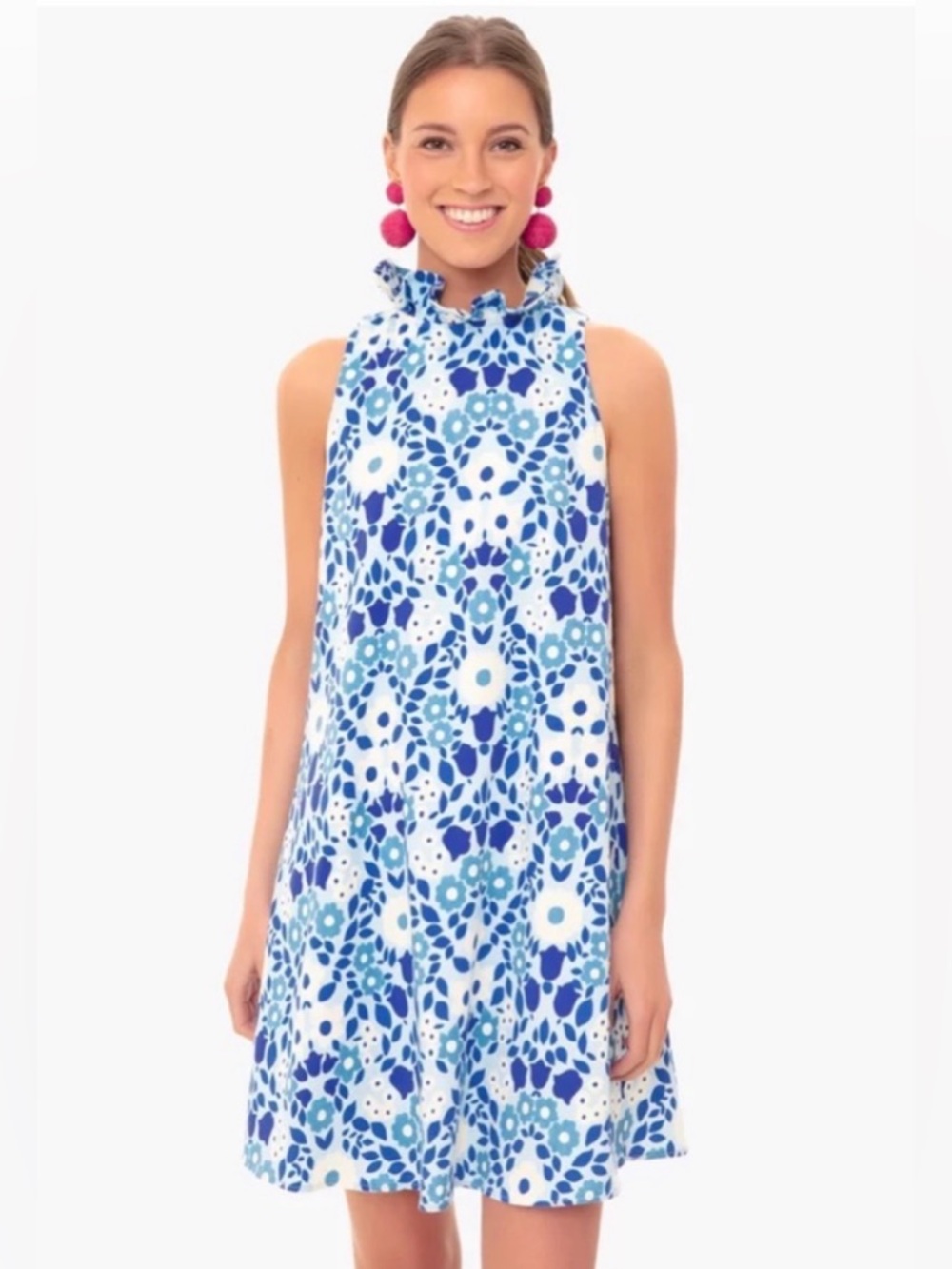 NWT Tuckernuck Blythe Dress Majolica Blue Tile Print High Neck Bow Back